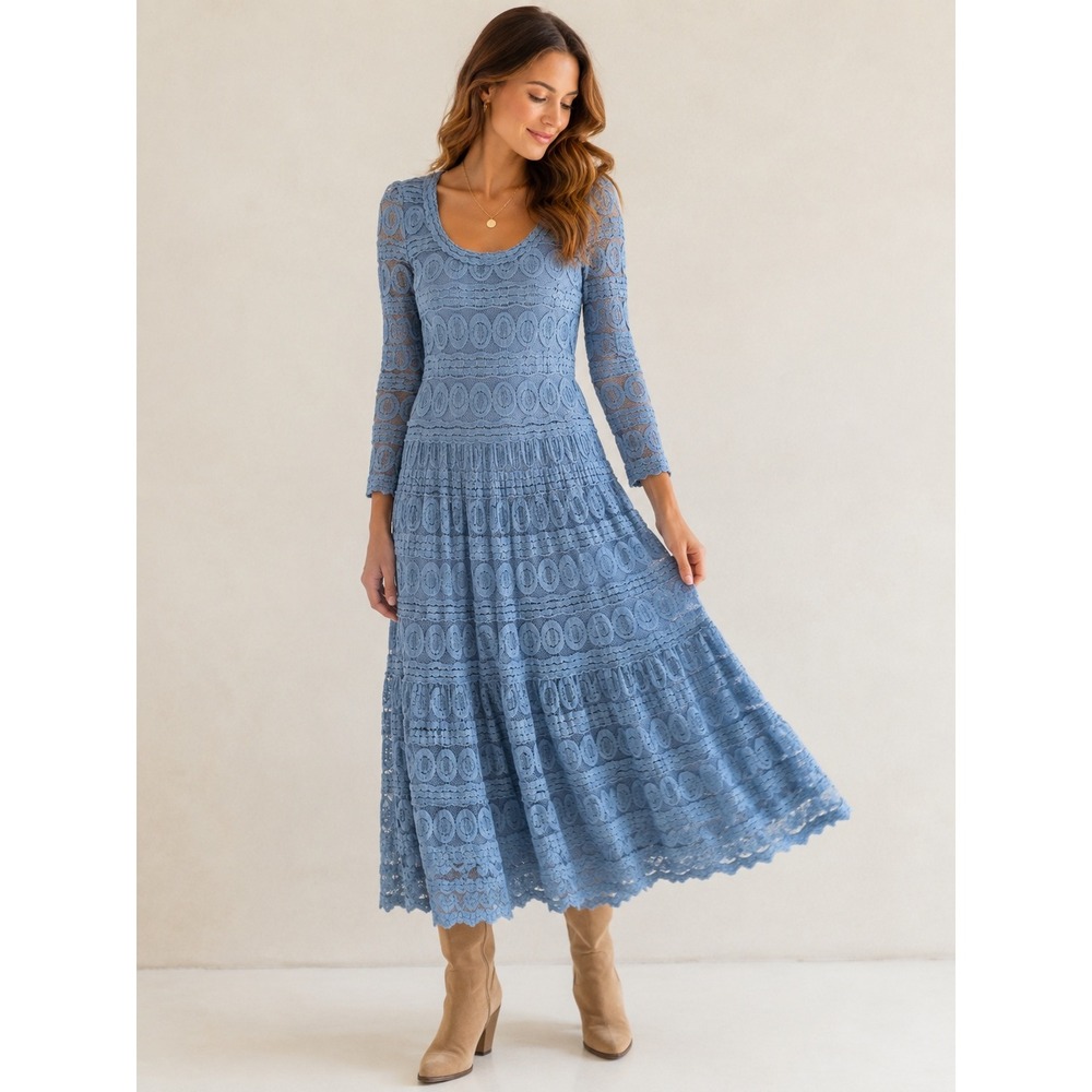 Sundance Blue Lace Tiered Maxi Dress Long Sleeve Scoop Neck Boho Size M
